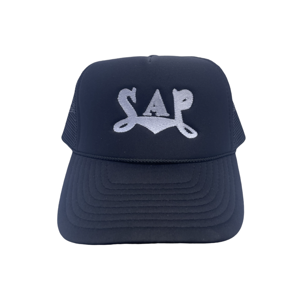 black / white SAP cursive trucker cap