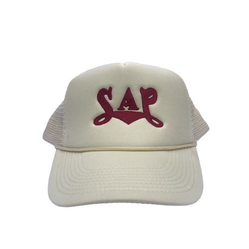 cream / crimson cursive SAP trucker cap